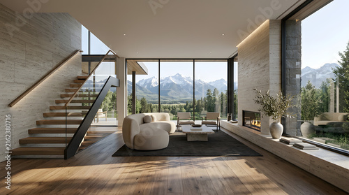 Elegant minimalist interior featuring natural stone, warm wood, sculptural furniture, floor-to-ceiling windows, and a dramatic mountain landscape illuminated by soft morning light.