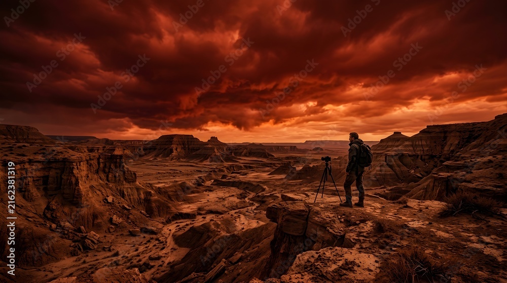 Fototapeta premium Photographer standing on a canyon cliff under a dramatic sunset sky