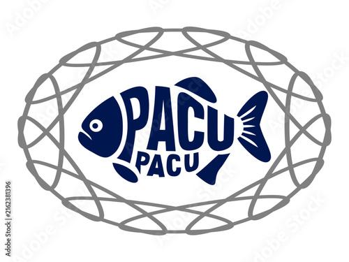 Pacu fish logo in a decorative frame. Dark blue vector silhouette with text inside a braided oval net