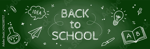 Back to school green chalkboard banner with white chalk hand drawn icons and text. Horizontal vector background template for educational banners and social media covers