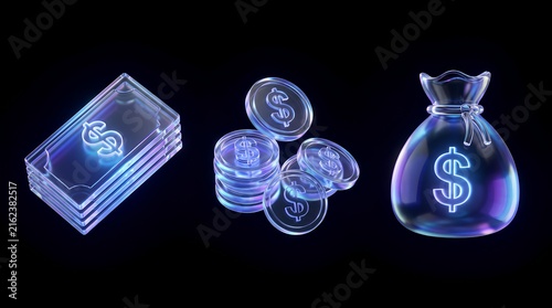 Glassy purple money bag and coin icons.