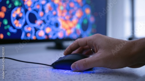 Person using a computer mouse on a desk with a monitor displaying abstract patterns