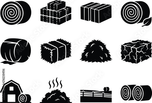 Set of black farm featuring hay bales, stacks, a barn, and a fence, isolated on a white background, for agriculture