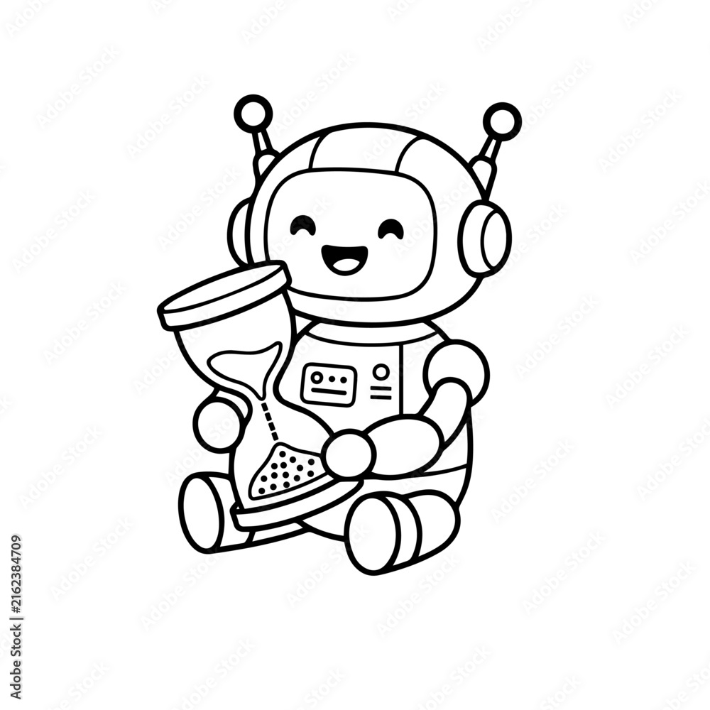 Obraz premium Cute Robot Holding Hourglass and Calculator Line Icon