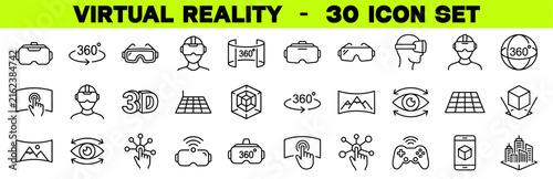 Virtual Reality Line Editable Icon Set. Containing VR, AR, Augmented Reality, Headset, Mixed Reality, 360 Degree and More. Editable Stroke. Vector Illustration.