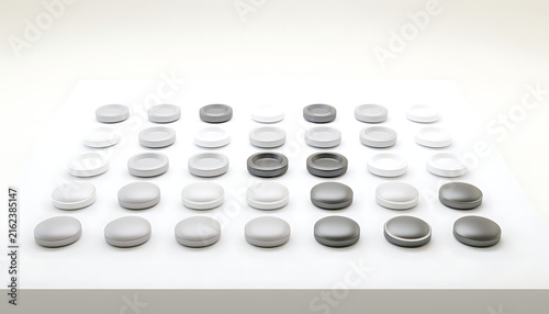 Minimalist 3D Illustration of Abstract Round Board Game Tokens Arranged in a Grid Pattern on a Clean White Surface