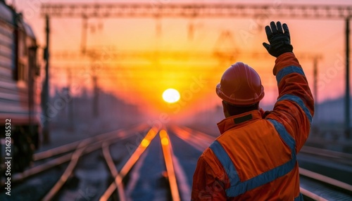 Railway worker in orange high-visibility jacket and hard hat signaling on tracks at sunset