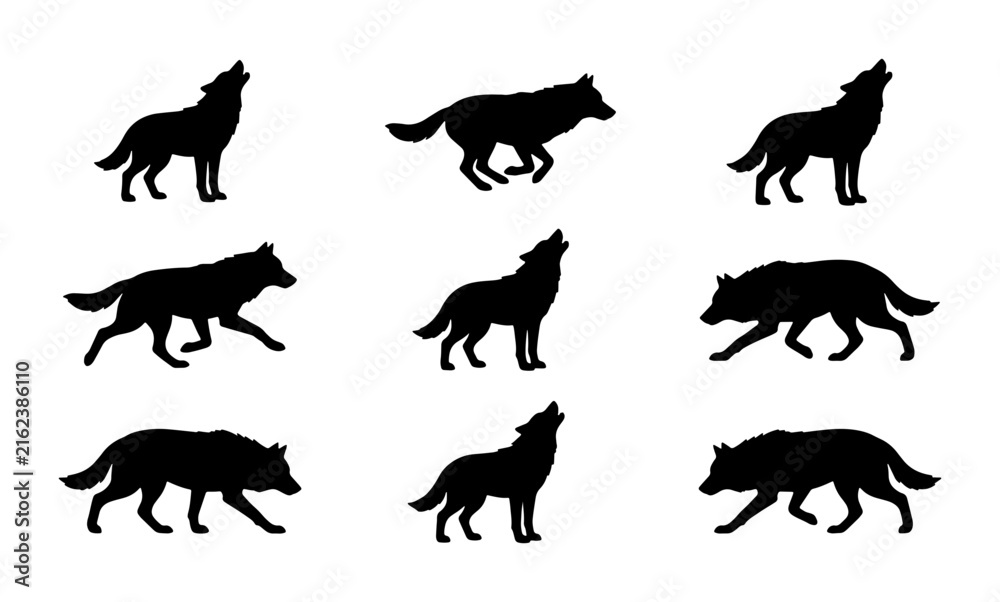 Fototapeta premium Wolf Silhouettes Collection, Howling Canine Icons, Wild Animal Vector Graphics, Nature Wildlife Set