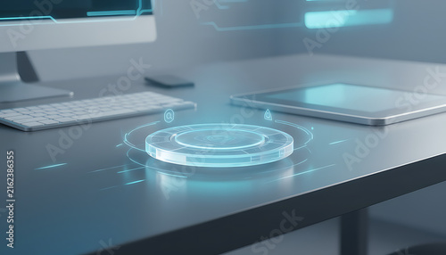 Futuristic Digital Hologram Interface on Minimalist Workspace Desk with Desktop Computer and Tablet Device