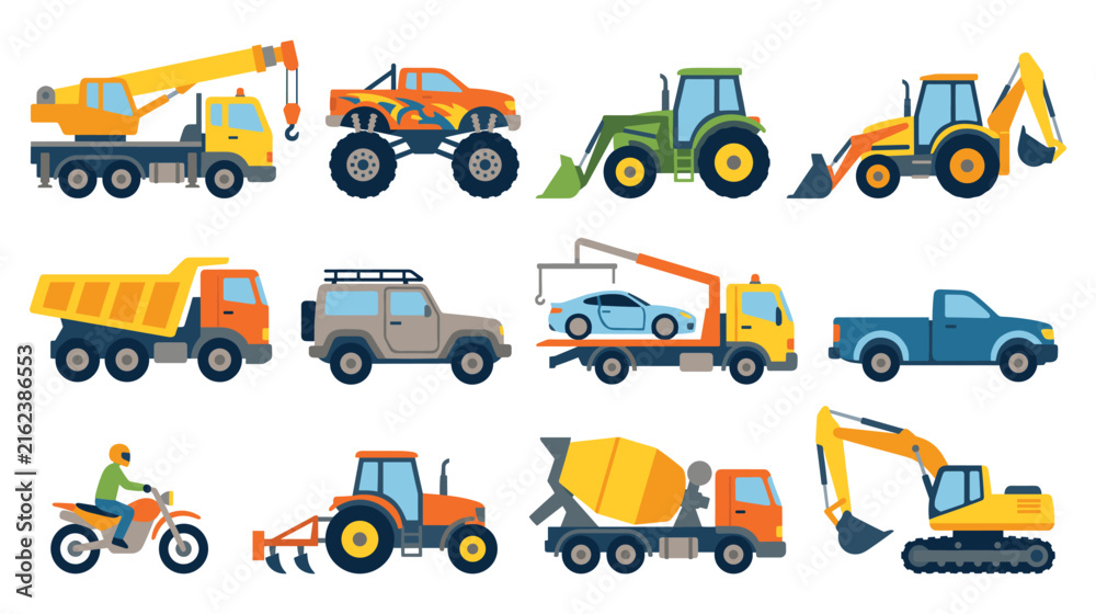 Naklejka premium Heavy construction transportation vehicles and machines.