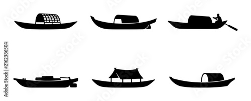 Bild auf Leinwand Traditional Asian Boats Collection, Silhouette Vector Icons Set, Water Transport