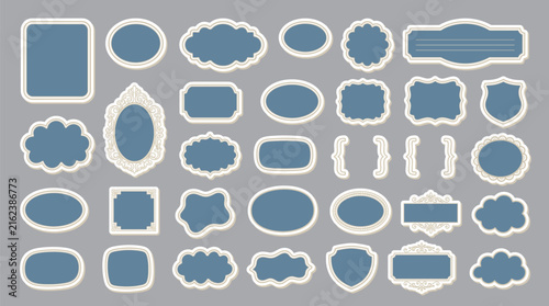 Set of various vintage decorative frames and labels in blue color with white borders gray background
