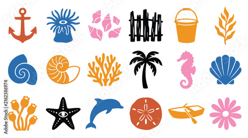 Set of colorful sea life and beach icons including anchor, shells, coral, palm tree, seahorse, dolphin, starfish, and boat