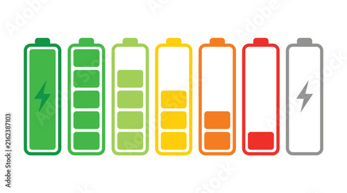 Set of battery charge level indicators with different colors and levels of energy