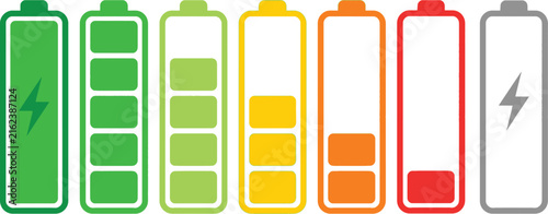 Set of battery charge level indicators with different colors and levels