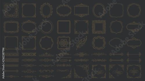 Set of vintage decorative frames, borders, and flourishes for wedding invitations, certificates, and elegant stationery designs in gold line art style on a dark background