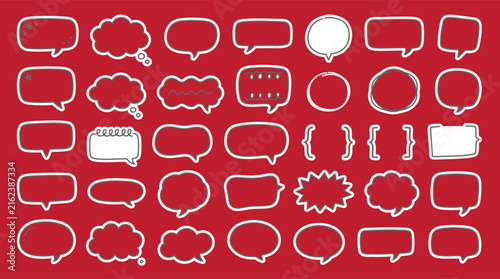Set of handdrawn speech bubbles and thought balloons in various shapes and styles, red design elements for comics, social media, and communication graphics