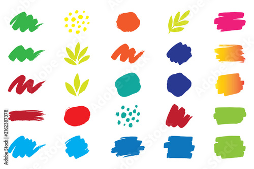 Set of colorful handdrawn brush strokes, abstract shapes, and artistic design elements for creative projects