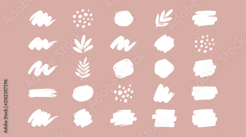 Set of handdrawn vector brush strokes, abstract shapes, and botanical elements on a pink background for design decoration