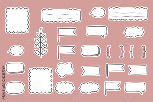 Set of handdrawn doodle frames, speech bubbles, banners, and decorative elements for bullet journals and planners