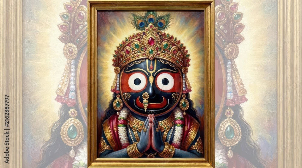 Fototapeta premium Traditional painting of deity with hands in prayer pose inside golden frame