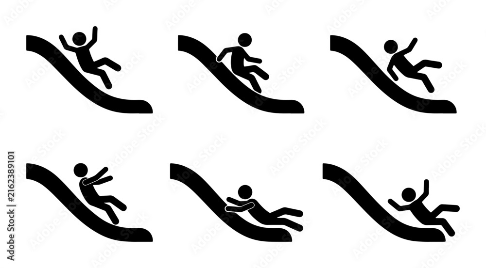Obraz premium Playground Slide Safety Icons, Child Falling Danger Symbols, Vector Set