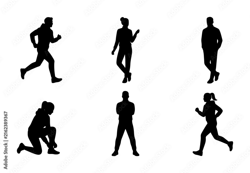 Obraz premium Diverse Silhouette Figures: Running, Standing, Tying Shoes, Active Poses, Vector Icons for Fitness, Health, and Lifestyle Graphics
