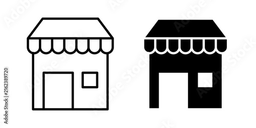 Shop icon in outline and solid style, isolated on white background. Ideal for retail, marketplace, and local business features in mobile and web design.