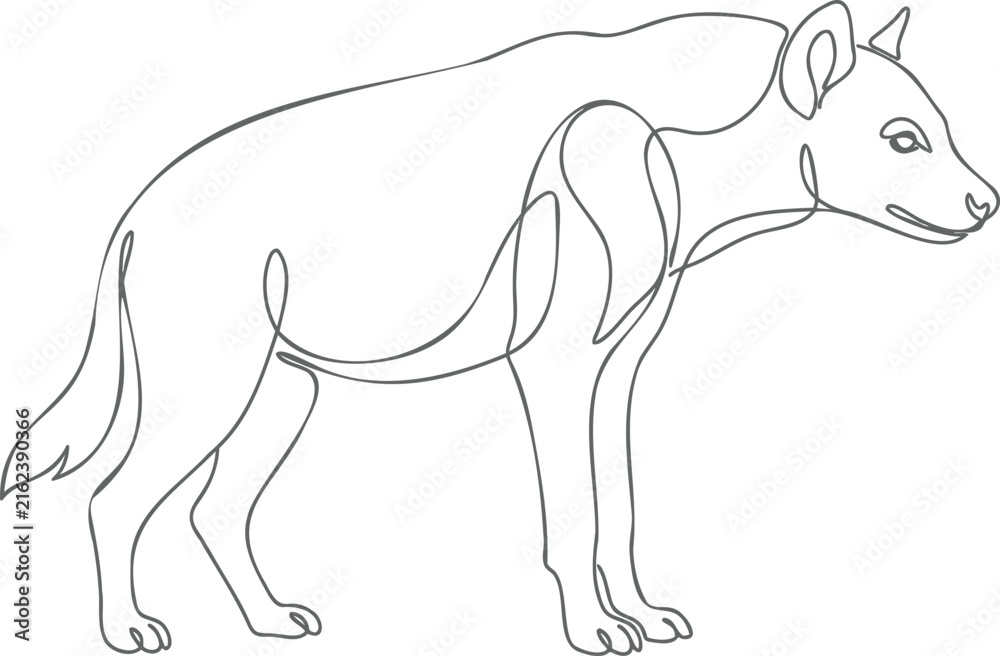 Obraz premium Minimalist line of a spotted hyena standing alert, black and white line black and white monochrome animal silhouette
