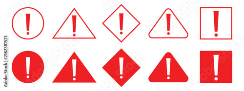 Exclamation mark icon set in red color. Hazard warning attention sign circle, triangle, rhombus and square with exclamation mark symbol. Vector illustration