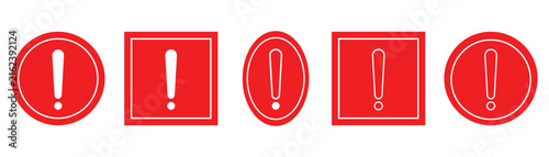 Exclamation marks icon in red color. Caution alarm set, danger signs. Attention symbols. Warning and attention icons in glyph design. Vector illustration.