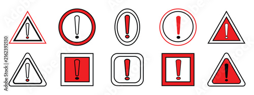 Exclamation mark icon set. Hazard warning attention sign circle, triangle, oval and square with exclamation mark symbol. Vector illustration