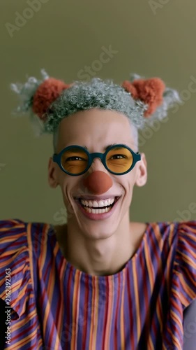 Laughing clown closeup portrait with orange pom pom hair, yellow round glasses and red nose in a colorful striped costume for cheerful banner and portrait use