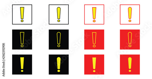 Exclamation mark icon set. Hazard warning attention sign, square with exclamation mark symbol. Vector illustration