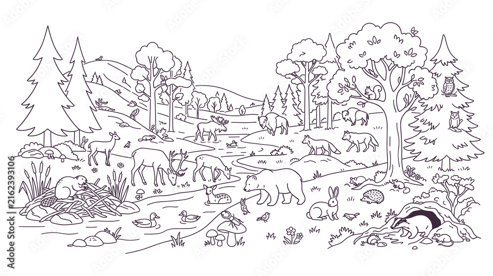 Fototapeta premium Woodland forest scene with diverse animals and trees.