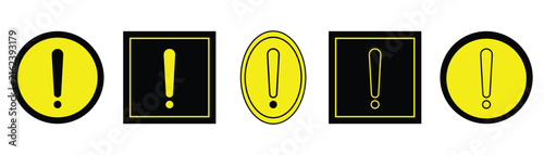 A set of  exclamation mark icons within square, circle and oval shapes. presented on a white background, signifying alerts or important messages.
