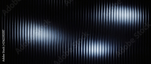 Futuristic dark metallic texture with vertical lines and blue light reflections. Abstract industrial background with chrome steel ridges. Sleek carbon fiber style pattern for tech wallpaper.
