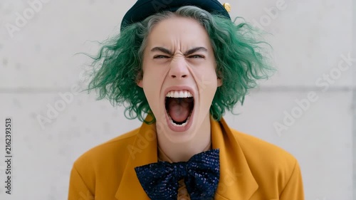 Close headshot fashion portrait of a screaming person with vibrant green hair, mustard blazer and sequin bow tie for bold editorial and poster layouts