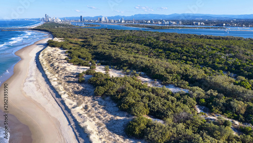 Aerial View of South Stradbroke Island Coastline and Gold Coast Skyline