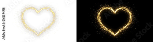 Glowing golden heart shape composed of shimmering light particles with swirling magical dust trails isolated on transparent background