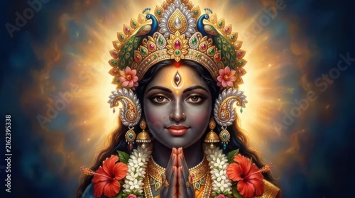 Divine Hindu deity with glowing halo and floral garlands in meditative posture