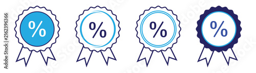 Percentage to discount badge icon set in stroke and filled style, different blue discount sign vector collection on white background for sale and promotion design.