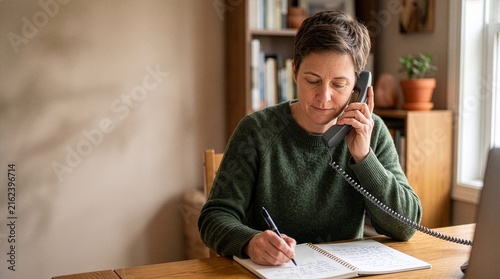 Bénévole d’écoute tenant un téléphone en prenant des notes