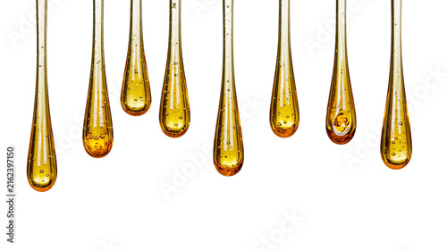 Golden viscous liquid dripping with air bubbles, isolated on transparent background