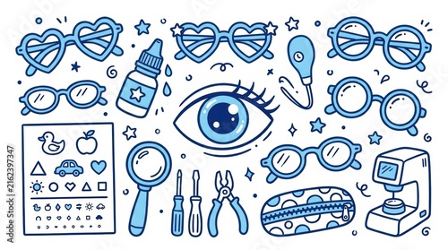 Set of optometry and ophthalmology icons, doodle style