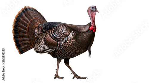 Male wild turkey with fanned tail feathers, isolated on transparent background