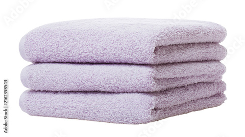 Stack of three fluffy lavender bath towels, isolated on transparent background