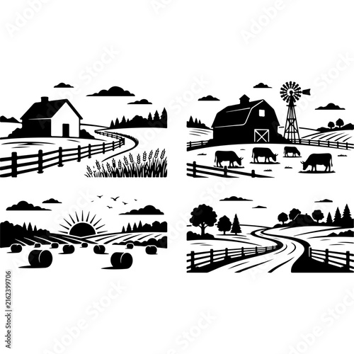 Vintage farm landscape vector set, rustic countryside scenery with barn and cows, black and white rural agriculture illustrations