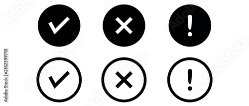 Checkmark cross and exclamation mark circular icons in filled and line styles for user interface status indicators.