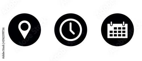 Map location pin, clock time, and calendar event symbols for web interfaces.